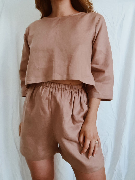 Nude colored linen shorts, oversized linen shorts, effortless linen co-ord